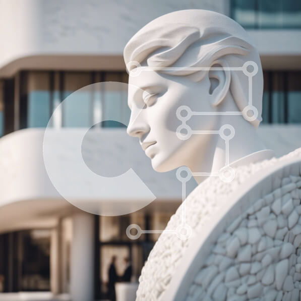 Intra Συλλεκτικό Ξύλινο Παζλ Plywood  4mm - Άγαλμα λευκής προτομής μπροστά από το εντυπωσιακό κτίριο Σε Ξύλινο Κουτί - Διαστάσεις Puzzle: 10x10 cm – 25 κομμάτια