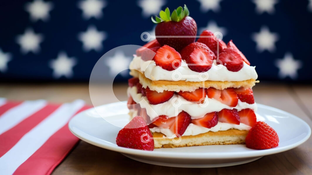 Σετ των 2 Intra Συλλεκτικό Ξύλινο Παζλ Plywood  4mm - Φέτα κέικ με στρώσεις φράουλας με φόντο την αμερικανική σημαία Σε Ξύλινο Κουτί - Διαστάσεις: 10x10 cm – 25 κομμάτια