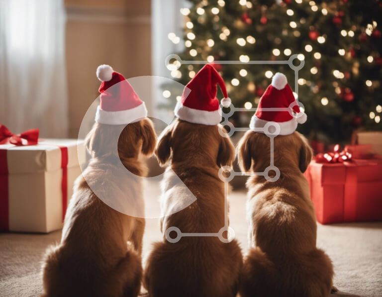 Intra Συλλεκτικό Ξύλινο Παζλ Plywood  4mm - Τρία σκυλιά που φορούν καπέλα Άγιου Βασίλη μπροστά από ένα χριστουγεννιάτικο δέντρο Σε Ξύλινο Κουτί - Διαστάσεις Puzzle: 10x10 cm – 25 κομμάτια