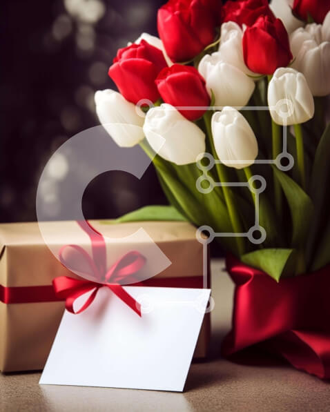 Intra Συλλεκτικό Ξύλινο Παζλ Plywood  4mm - Μπουκέτο με κόκκινες και λευκές τουλίπες με κουτί δώρου και κάρτα Σε Ξύλινο Κουτί - Διαστάσεις: 10x10 cm – 25 κομμάτια