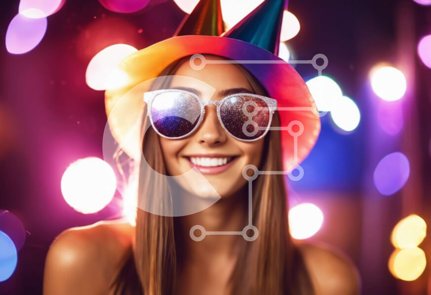 Intra Συλλεκτικό Ξύλινο Παζλ Plywood  4mm - Νεαρή γυναίκα που φορά πολύχρωμα καπέλα και γυαλιά ηλίου για πάρτι Σε Ξύλινο Κουτί - Διαστάσεις Puzzle: 10x10 cm – 25 κομμάτια