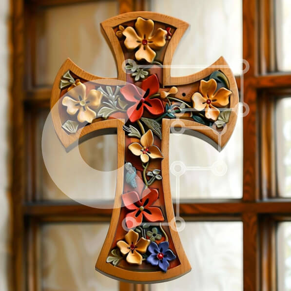 Intra Συλλεκτικό Ξύλινο Παζλ Plywood  4mm - Διακοσμημένος Ξύλινος Σταυρός με πολύχρωμα λουλούδια Σε Ξύλινο Κουτί - Διαστάσεις Puzzle: 10x10 cm – 25 κομμάτια