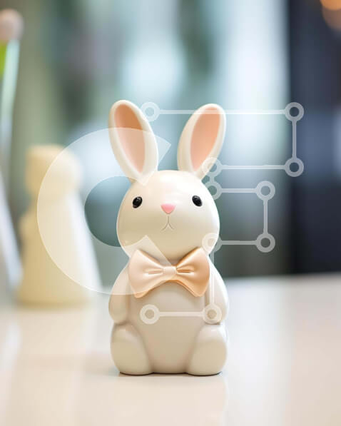 Intra Συλλεκτικό Ξύλινο Παζλ Plywood  4mm - Λευκό ειδώλιο λαγουδάκι με πορτοκαλί παπιγιόν στο τραπέζι Σε Ξύλινο Κουτί - Διαστάσεις: 10x10 cm – 25 κομμάτια