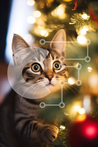 Σετ των 2 Intra Συλλεκτικό Ξύλινο Παζλ Plywood  4mm - Περίεργη γάτα που κρυφοκοιτάζει πίσω από το χριστουγεννιάτικο δέντρο Σε Ξύλινο Κουτί - Διαστάσεις: 10x10 cm – 25 κομμάτια