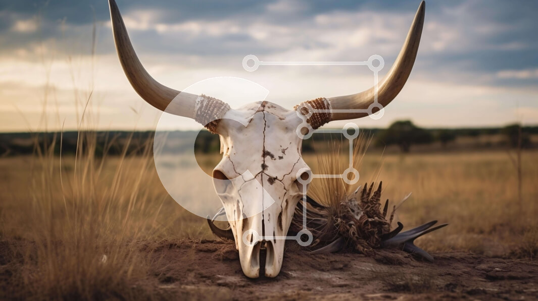 Intra Συλλεκτικό Ξύλινο Παζλ Plywood  4mm - Κρανίο ταύρου με μακριά κέρατα στο γρασίδι Σε Ξύλινο Κουτί - Διαστάσεις: 10x10 cm – 25 κομμάτια