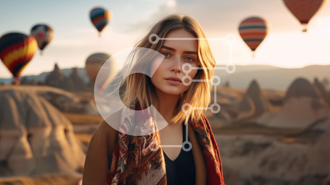 Intra Συλλεκτικό Ξύλινο Παζλ Plywood  4mm - Νεαρή γυναίκα που περιβάλλεται από μπαλόνια ζεστού αέρα Σε Ξύλινο Κουτί - Διαστάσεις Puzzle: 10x10 cm – 25 κομμάτια