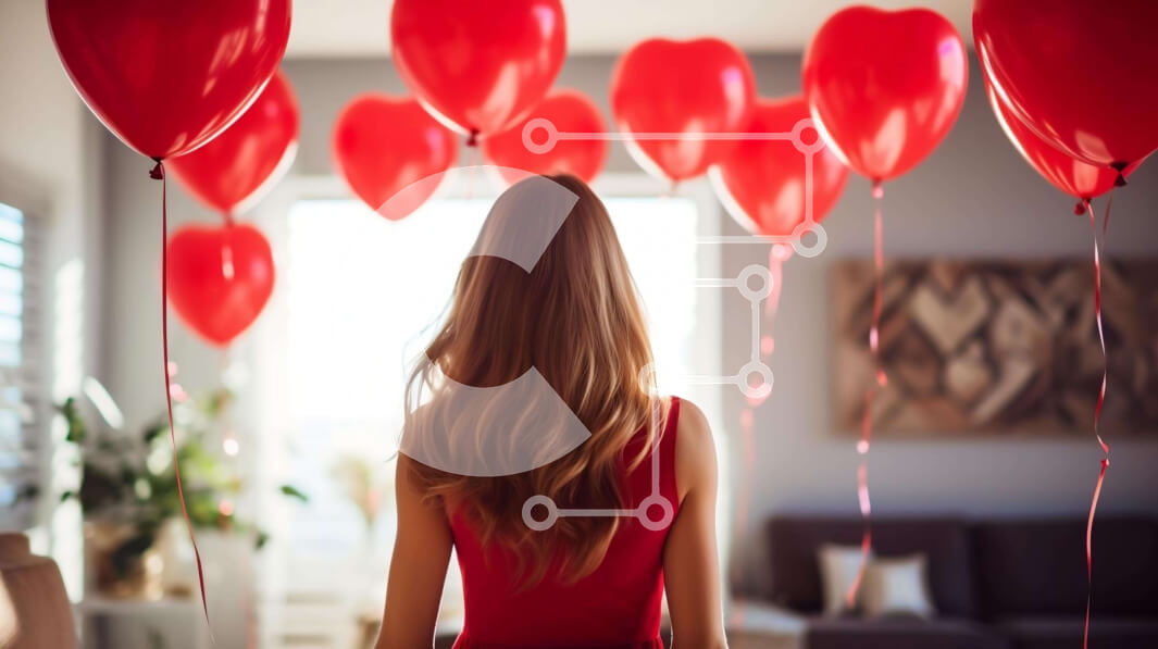 Intra Συλλεκτικό Ξύλινο Παζλ Plywood  4mm - Γυναίκα με μπαλόνια σε σχήμα καρδιάς για την ημέρα του Αγίου Βαλεντίνου Σε Ξύλινο Κουτί - Διαστάσεις: 10x10 cm – 25 κομμάτια