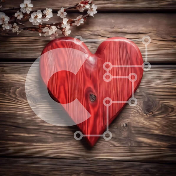 Intra Συλλεκτικό Ξύλινο Παζλ Plywood  4mm - Κόκκινο Ξύλινο αντικείμενο σε σχήμα καρδιάς σε παλιό ξύλινο φόντο με άνθη κερασιάς Σε Ξύλινο Κουτί - Διαστάσεις: 10x10 cm – 25 κομμάτια