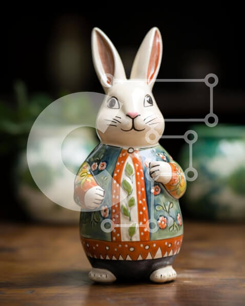 Intra Συλλεκτικό Ξύλινο Παζλ Plywood  4mm - Πολύχρωμο κεραμικό ειδώλιο λαγουδάκι σε αντίκες ξύλινο τραπέζι Σε Ξύλινο Κουτί - Διαστάσεις: 10x10 cm – 25 κομμάτια