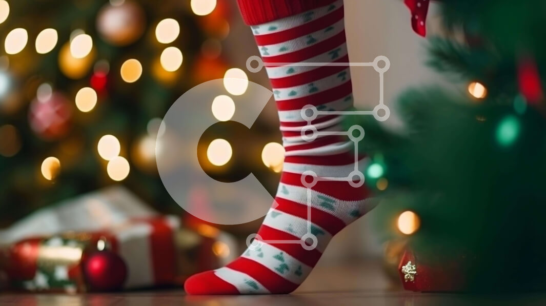 Intra Συλλεκτικό Ξύλινο Παζλ Plywood  4mm - Άτομο με ριγέ κάλτσες δίπλα στο χριστουγεννιάτικο δέντρο Σε Ξύλινο Κουτί - Διαστάσεις: 10x10 cm – 25 κομμάτια