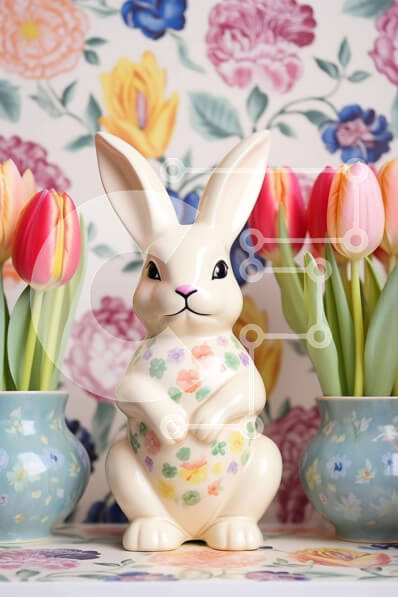 Intra Συλλεκτικό Ξύλινο Παζλ Plywood  4mm - Λευκό ειδώλιο λαγουδάκι με ανοιξιάτικες συνθέσεις με τουλίπα Σε Ξύλινο Κουτί - Διαστάσεις Puzzle: 10x10 cm – 25 κομμάτια