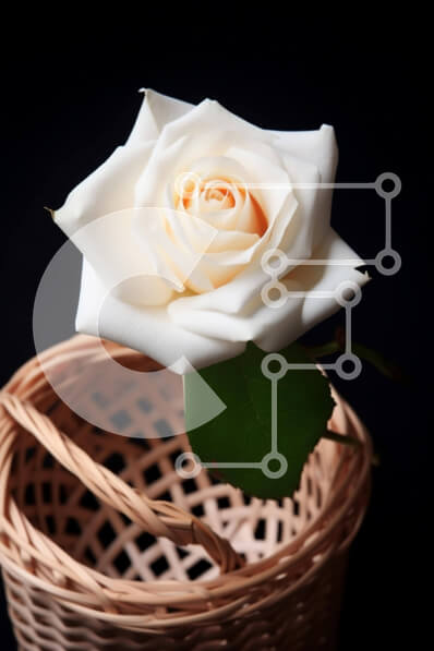 Intra Συλλεκτικό Ξύλινο Παζλ Plywood  4mm - Μονό λευκό τριαντάφυλλο σε ψάθινο καλάθι σε μαύρο φόντο Σε Ξύλινο Κουτί - Διαστάσεις Puzzle: 10x10 cm – 25 κομμάτια