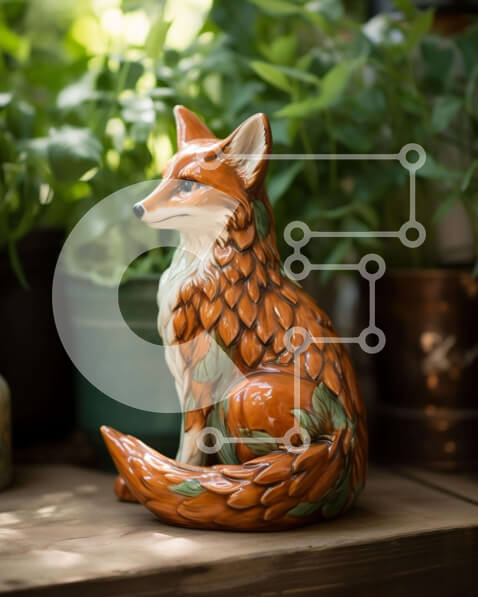 Intra Συλλεκτικό Ξύλινο Παζλ Plywood  4mm - Κεραμικό ειδώλιο αλεπούς σε ξύλινο τραπέζι με φυτά σε γλάστρες Σε Ξύλινο Κουτί - Διαστάσεις Puzzle: 10x10 cm – 25 κομμάτια