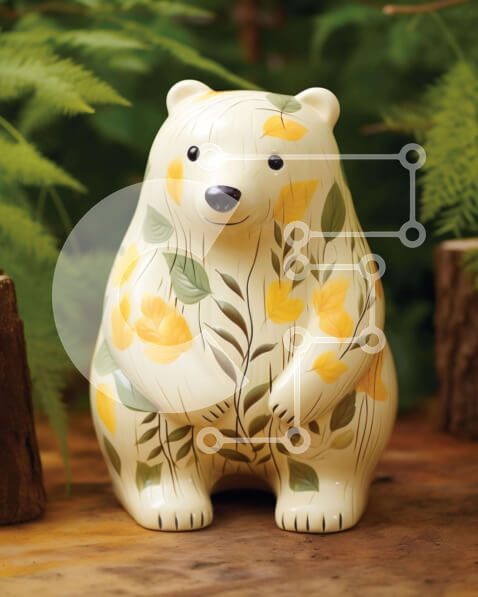 Intra Συλλεκτικό Ξύλινο Παζλ Plywood  4mm - Ειδώλιο λευκής αρκούδας με κίτρινα λουλούδια και πράσινα φύλλα σε ξύλινο τραπέζι Σε Ξύλινο Κουτί - Διαστάσεις: 10x10 cm – 25 κομμάτια