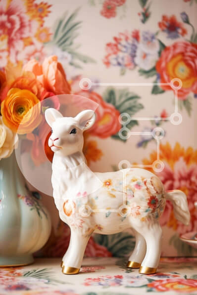 Intra Συλλεκτικό Ξύλινο Παζλ Plywood  4mm - Λευκό πρόβατο ειδώλιο με λουλούδια και φλιτζάνια τσαγιού Σε Ξύλινο Κουτί - Διαστάσεις Puzzle: 10x10 cm – 25 κομμάτια