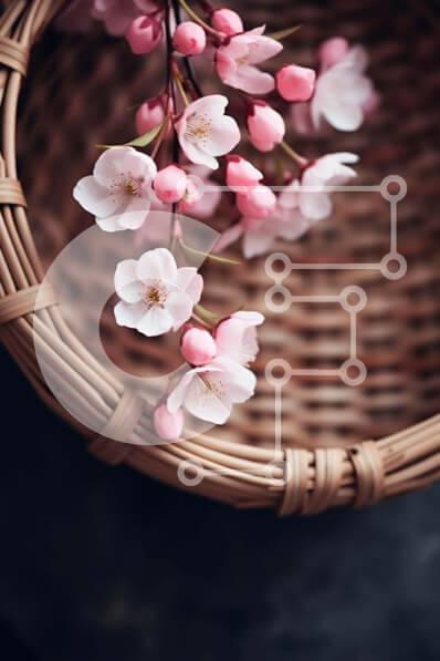 Σετ των 2 Intra Συλλεκτικό Ξύλινο Παζλ Plywood  4mm - Ροζ άνθη κερασιάς σε ψάθινο καλάθι Σε Ξύλινο Κουτί - Διαστάσεις: 10x10 cm – 25 κομμάτια