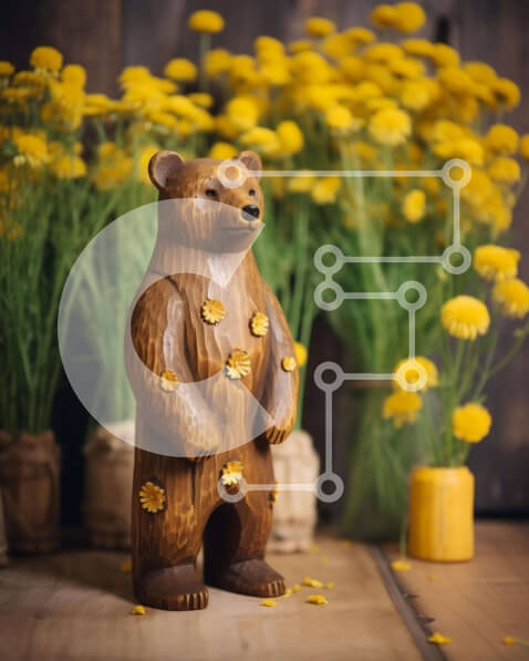 Intra Συλλεκτικό Ξύλινο Παζλ Plywood  4mm - Ξύλινο άγαλμα αρκούδας και κίτρινες μαργαρίτες Σε Ξύλινο Κουτί - Διαστάσεις: 10x10 cm – 25 κομμάτια