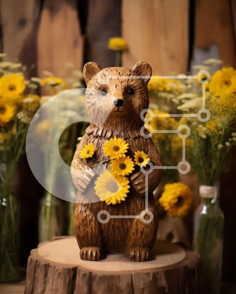 Intra Συλλεκτικό Ξύλινο Παζλ Plywood  4mm - Ξύλινο άγαλμα αρκούδας με κίτρινα λουλούδια Σε Ξύλινο Κουτί - Διαστάσεις: 10x10 cm – 25 κομμάτια