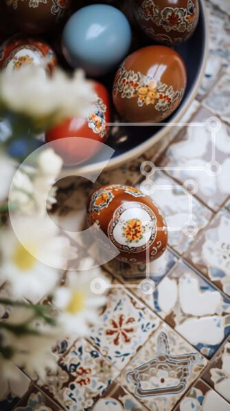 Intra Συλλεκτικό Ξύλινο Παζλ Plywood  4mm - Πολύχρωμα Πασχαλινά αυγά και λουλούδια σε ένα τραπέζι Σε Ξύλινο Κουτί - Διαστάσεις: 10x10 cm – 25 κομμάτια