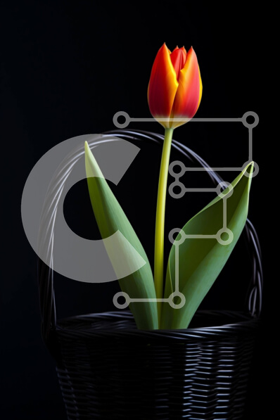 Σετ των 2 Intra Συλλεκτικό Ξύλινο Παζλ Plywood  4mm - Μονό πορτοκαλί λουλούδι τουλίπας σε μαύρο καλάθι Σε Ξύλινο Κουτί - Διαστάσεις: 10x10 cm – 25 κομμάτια