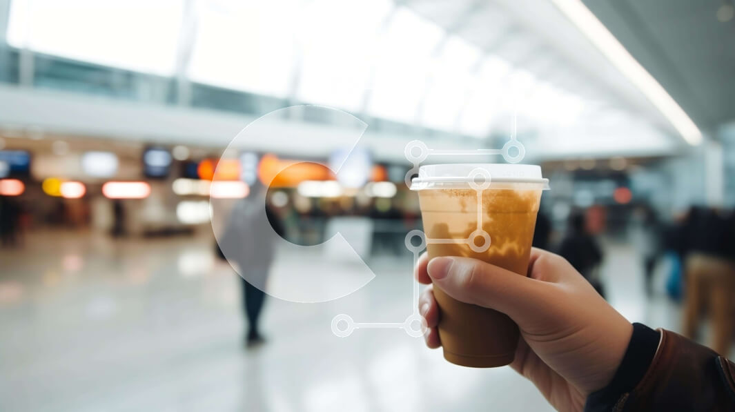 Intra Συλλεκτικό Ξύλινο Παζλ Plywood  4mm - Χέρι που κρατά παγωμένο φλιτζάνι καφέ στον τερματικό σταθμό του αεροδρομίου Σε Ξύλινο Κουτί - Διαστάσεις Puzzle: 10x10 cm – 25 κομμάτια