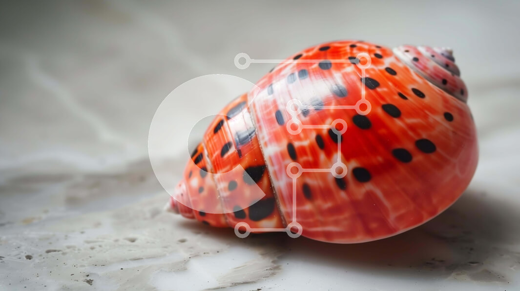 Intra Συλλεκτικό Ξύλινο Παζλ Plywood  4mm - Πορτοκαλί και μαύρο κοχύλι πουά σε μαρμάρινη επιφάνεια Σε Ξύλινο Κουτί - Διαστάσεις: 10x10 cm – 25 κομμάτια