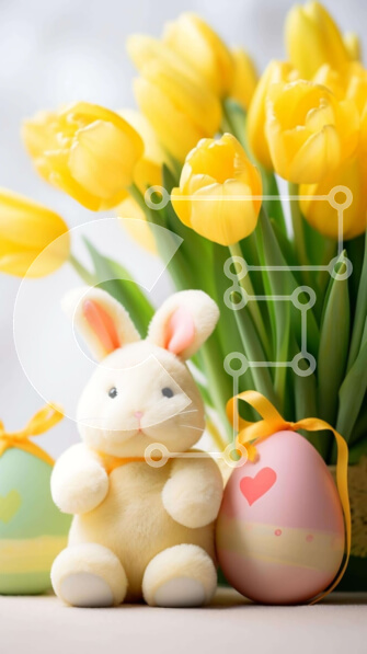 Intra Συλλεκτικό Ξύλινο Παζλ Plywood  4mm - Πασχαλινό λαγουδάκι και αυγά με κίτρινες τουλίπες Σε Ξύλινο Κουτί - Διαστάσεις: 10x10 cm – 25 κομμάτια