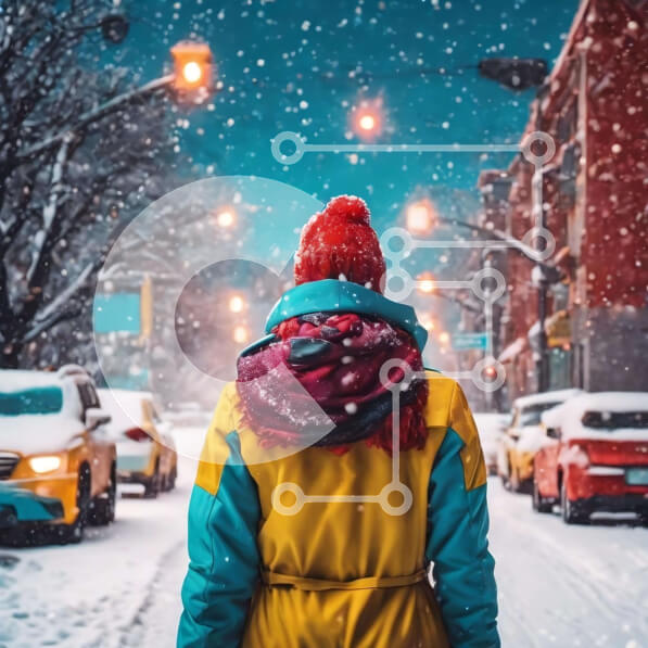 Intra Συλλεκτικό Ξύλινο Παζλ Plywood  4mm - Άτομο που περπατά στο χιονισμένο δρόμο τη νύχτα με αυτοκίνητα και λεωφορεία στο παρασκήνιο Σε Ξύλινο Κουτί - Διαστάσεις Puzzle: 10x10 cm – 25 κομμάτια