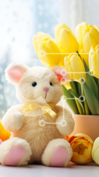 Intra Συλλεκτικό Ξύλινο Παζλ Plywood  4mm - Πασχαλινό λαγουδάκι και κίτρινες τουλίπες Σε Ξύλινο Κουτί - Διαστάσεις: 10x10 cm – 25 κομμάτια