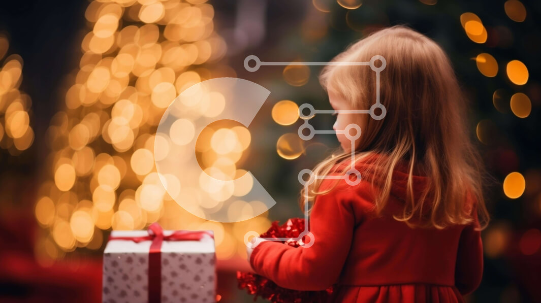 Intra Συλλεκτικό Ξύλινο Παζλ Plywood  4mm - Νεαρό κορίτσι με κόκκινο φόρεμα με φωτισμένο χριστουγεννιάτικο δέντρο Σε Ξύλινο Κουτί - Διαστάσεις: 10x10 cm – 25 κομμάτια