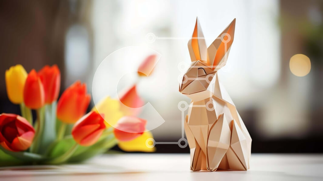 Intra Συλλεκτικό Ξύλινο Παζλ Plywood  4mm - Origami κουνέλι και τουλίπες στο τραπέζι Σε Ξύλινο Κουτί - Διαστάσεις Puzzle: 10x10 cm – 25 κομμάτια