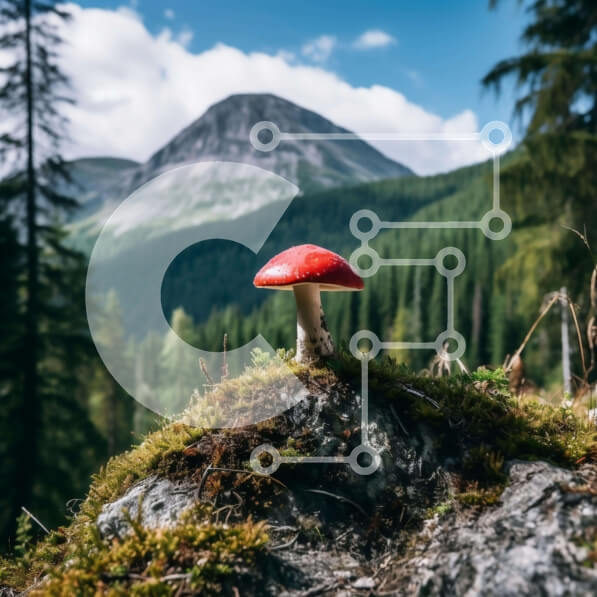 Intra Συλλεκτικό Ξύλινο Παζλ Plywood  4mm - Κόκκινο μανιτάρι σε ποώδη βράχο με φόντο δέντρα και βουνά Σε Ξύλινο Κουτί - Διαστάσεις: 10x10 cm – 25 κομμάτια