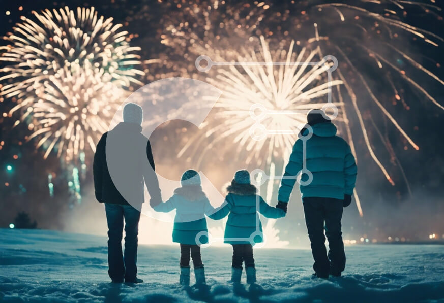 Intra Συλλεκτικό Ξύλινο Παζλ Plywood  4mm - Οικογένεια κρατώντας τα χέρια στο χιόνι με πυροτεχνήματα Σε Ξύλινο Κουτί - Διαστάσεις Puzzle: 10x10 cm – 25 κομμάτια