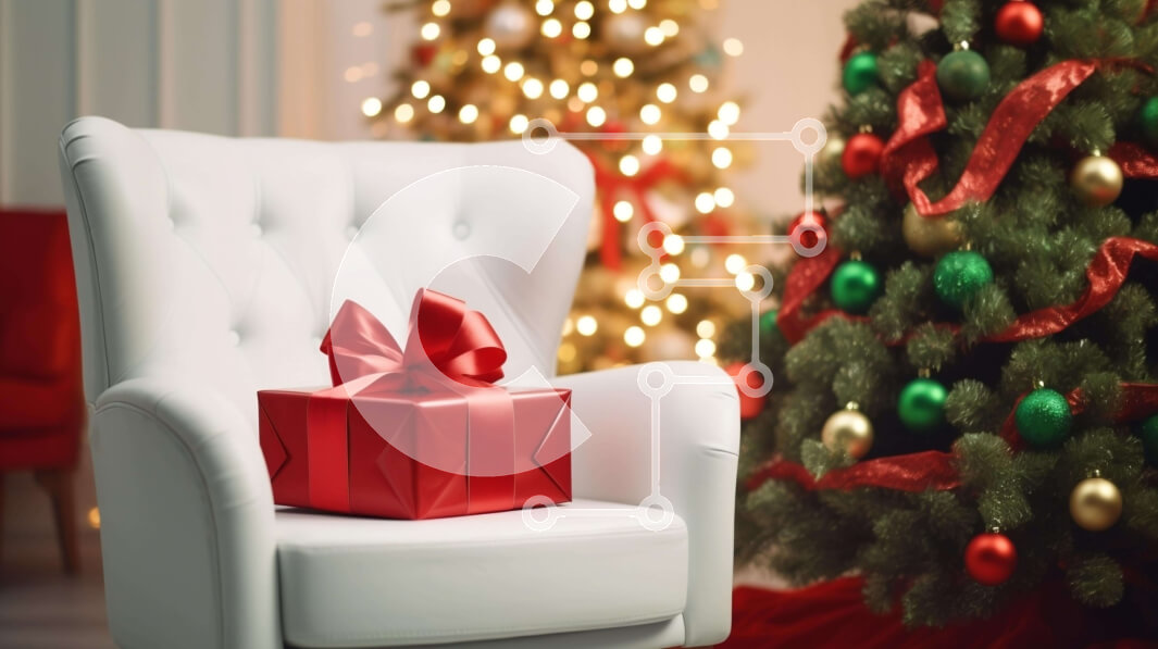 Intra Συλλεκτικό Ξύλινο Παζλ Plywood  4mm - Λευκή καρέκλα μπροστά από το διακοσμημένο χριστουγεννιάτικο δέντρο Σε Ξύλινο Κουτί - Διαστάσεις: 10x10 cm – 25 κομμάτια