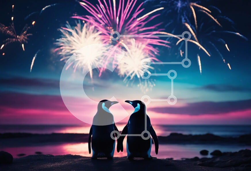 Intra Συλλεκτικό Ξύλινο Παζλ Plywood  4mm - Ρομαντικοί πιγκουίνοι στην παραλία με πυροτεχνήματα Σε Ξύλινο Κουτί - Διαστάσεις: 10x10 cm – 25 κομμάτια