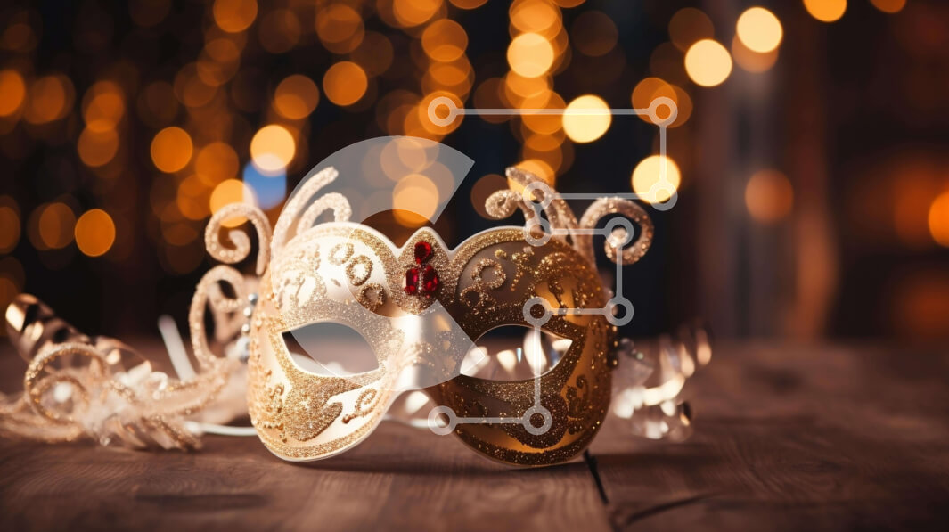 Intra Συλλεκτικό Ξύλινο Παζλ Plywood  4mm - Χρυσή και ασημένια μάσκα μεταμφίεσης σε παλιό ξύλινο τραπέζι Σε Ξύλινο Κουτί - Διαστάσεις Puzzle: 10x10 cm – 25 κομμάτια