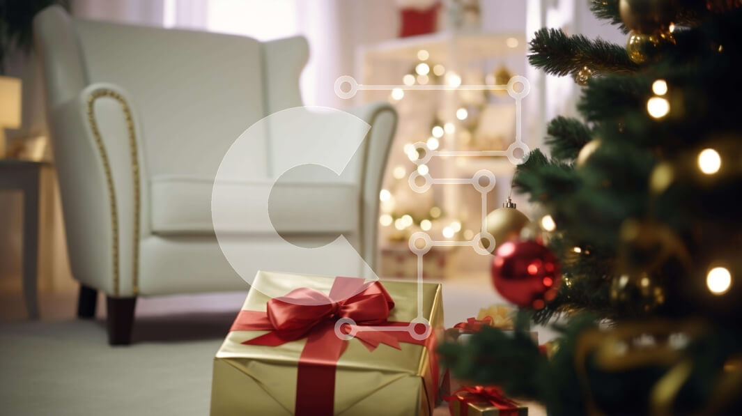 Intra Συλλεκτικό Ξύλινο Παζλ Plywood  4mm - Χριστουγεννιάτικο δώρο με κόκκινη κορδέλα δίπλα στο στολισμένο χριστουγεννιάτικο δέντρο Σε Ξύλινο Κουτί - Διαστάσεις: 10x10 cm – 25 κομμάτια