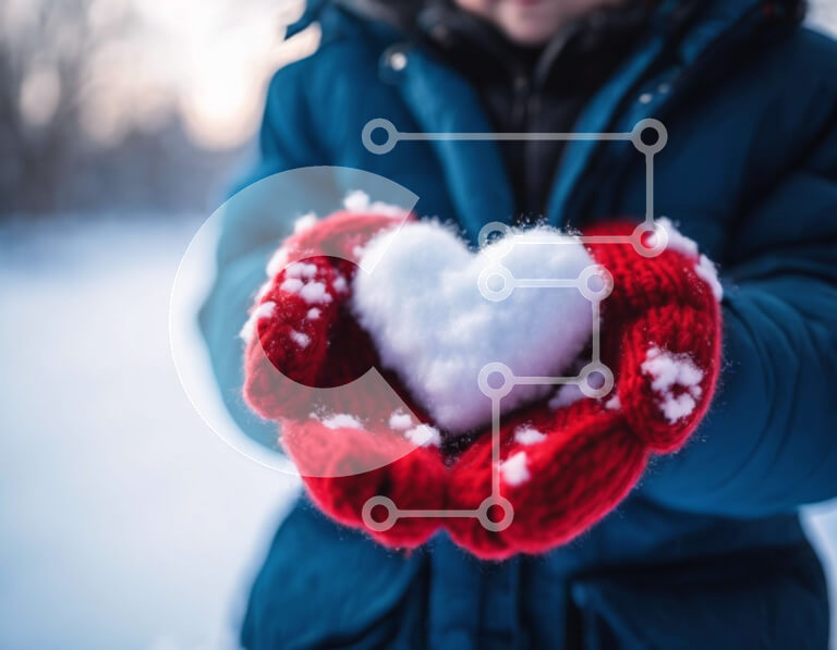 Intra Συλλεκτικό Ξύλινο Παζλ Plywood  4mm - Παιδί που κρατά την καρδιά του χιονιού στο χειμερινό τοπίο Σε Ξύλινο Κουτί - Διαστάσεις Puzzle: 10x10 cm – 25 κομμάτια