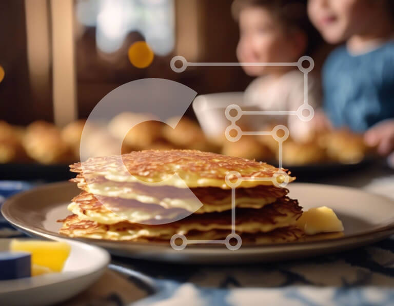 Σετ των 2 Intra Συλλεκτικό Ξύλινο Παζλ Plywood  4mm - Στοίβα από τηγανίτες με παιδιά που απολαμβάνουν ένα γεύμα Σε Ξύλινο Κουτί - Διαστάσεις: 10x10 cm – 25 κομμάτια