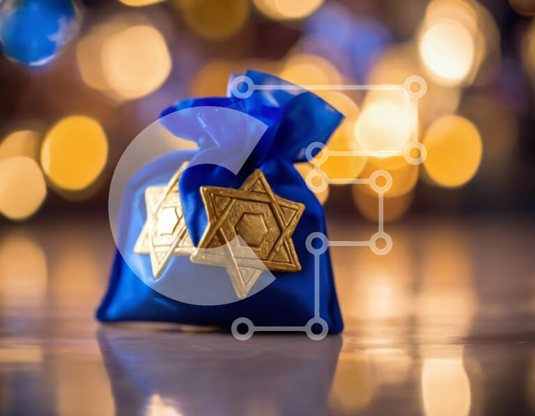 Intra Συλλεκτικό Ξύλινο Παζλ Plywood  4mm - Μπλε τσάντα δώρου Χανουκά με χρυσά αστέρια σε φωτισμένο φόντο Σε Ξύλινο Κουτί - Διαστάσεις: 10x10 cm – 25 κομμάτια