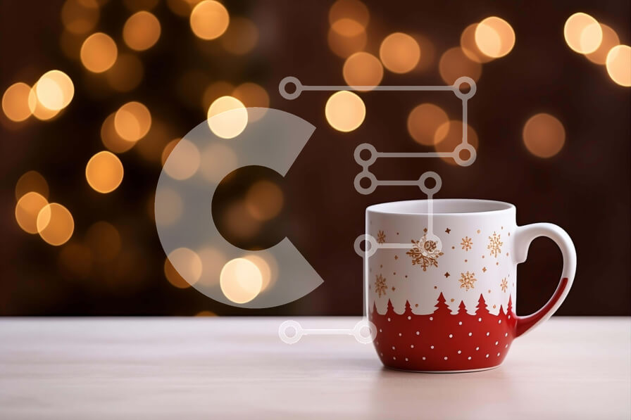 Intra Συλλεκτικό Ξύλινο Παζλ Plywood  4mm - Κόκκινη και άσπρη κούπα καφέ με νιφάδες χιονιού σε ένα ημιτελές ξύλινο τραπέζι Σε Ξύλινο Κουτί - Διαστάσεις Puzzle: 10x10 cm – 25 κομμάτια