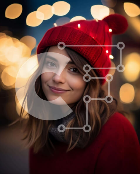 Intra Συλλεκτικό Ξύλινο Παζλ Plywood  4mm - Νεαρή γυναίκα με κόκκινη μπλούζα και πουλόβερ που ποζάρει μπροστά από τα πολύχρωμα φώτα Σε Ξύλινο Κουτί - Διαστάσεις Puzzle: 10x10 cm – 25 κομμάτια