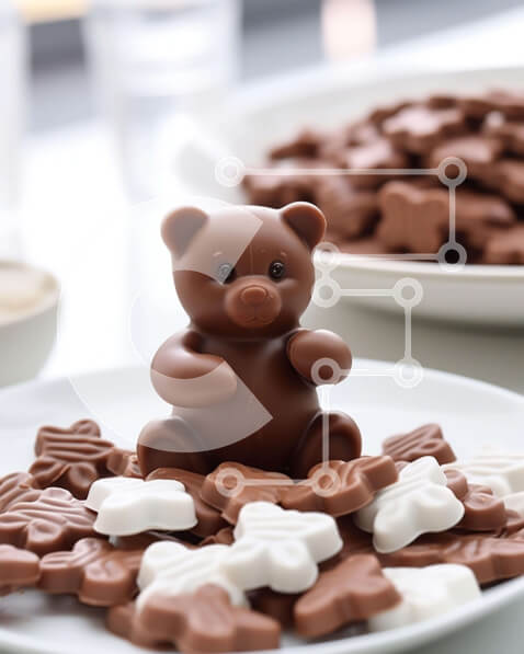 Σετ των 2 Intra Συλλεκτικό Ξύλινο Παζλ Plywood  4mm - Λευκό πιάτο με αρκουδάκια σοκολάτας και κομμάτια καραμέλας Σε Ξύλινο Κουτί - Διαστάσεις: 10x10 cm – 25 κομμάτια