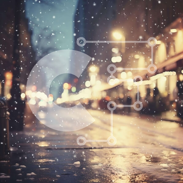 Intra Συλλεκτικό Ξύλινο Παζλ Plywood  4mm - Χιονισμένος δρόμος της πόλης τη νύχτα με φώτα και κτίρια Σε Ξύλινο Κουτί - Διαστάσεις Puzzle: 10x10 cm – 25 κομμάτια