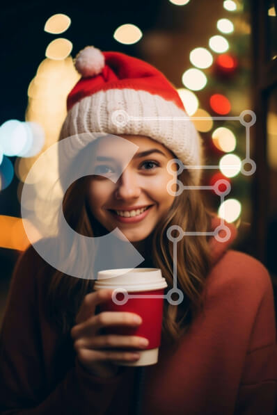 Intra Συλλεκτικό Ξύλινο Παζλ Plywood  4mm - Χαμογελαστή γυναίκα που φορά το κόκκινο καπέλο του Άγιου Βασίλη και πίνει καφέ κατά τη διάρκεια της εορταστικής περιόδου Σε Ξύλινο Κουτί - Διαστάσεις: 10x10 cm – 25 κομμάτια