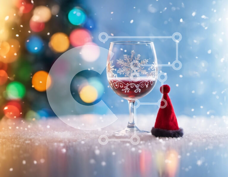 Intra Συλλεκτικό Ξύλινο Παζλ Plywood  4mm - Ποτήρι κόκκινο κρασί με χριστουγεννιάτικο καπέλο σε φόντο νιφάδες χιονιού Σε Ξύλινο Κουτί - Διαστάσεις: 10x10 cm – 25 κομμάτια