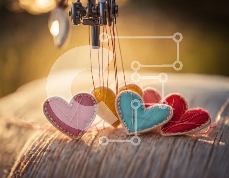 Intra Συλλεκτικό Ξύλινο Παζλ Plywood  4mm - Πολύχρωμες υφασμάτινες καρδιές κάτω από μια ραπτομηχανή Σε Ξύλινο Κουτί - Διαστάσεις Puzzle: 10x10 cm – 25 κομμάτια