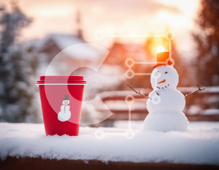 Intra Συλλεκτικό Ξύλινο Παζλ Plywood  4mm - Κόκκινο φλιτζάνι καφέ και χιονάνθρωπος Σε Ξύλινο Κουτί - Διαστάσεις Puzzle: 10x10 cm – 25 κομμάτια