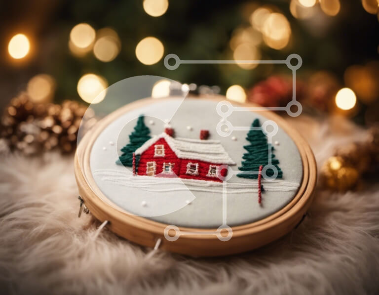 Intra Συλλεκτικό Ξύλινο Παζλ Plywood  4mm - Εορταστικό Κέντημα Διακόσμηση Τσέρκι με Κόκκινο Σπίτι και Νιφάδες Χιονιού Σε Ξύλινο Κουτί - Διαστάσεις: 10x10 cm – 25 κομμάτια