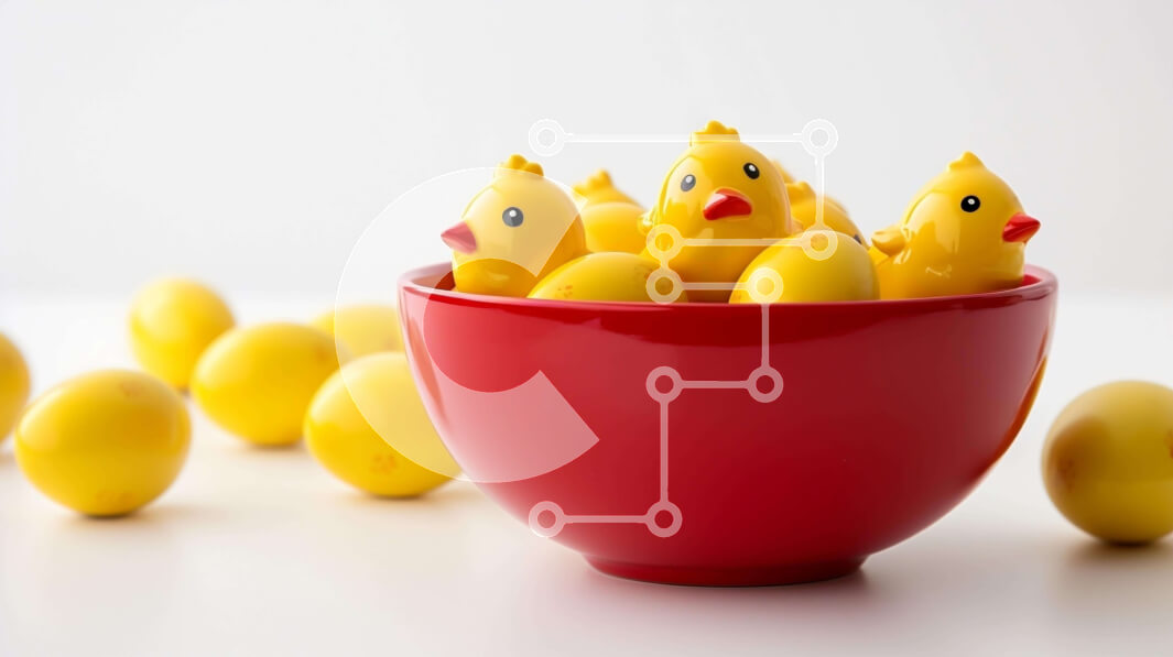 Intra Συλλεκτικό Ξύλινο Παζλ Plywood  4mm - Κυνήγι πασχαλινών αυγών με κίτρινες πάπιες και κόκκινο μπολ Σε Ξύλινο Κουτί - Διαστάσεις: 10x10 cm – 25 κομμάτια